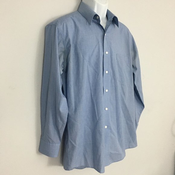 Stafford Mens 15 1/2 32 Blue Check Broadcloth Cotton Blend Long Sleeve Shirt - Picture 3 of 8